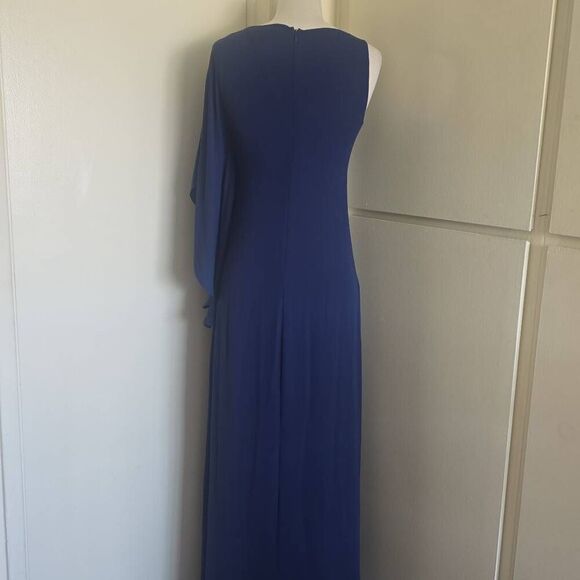 BCBGMaxAzria Janus Classic Navy One Shoulder Column Dress, Flutter Slv, EUC, S.4 - Picture 6 of 11